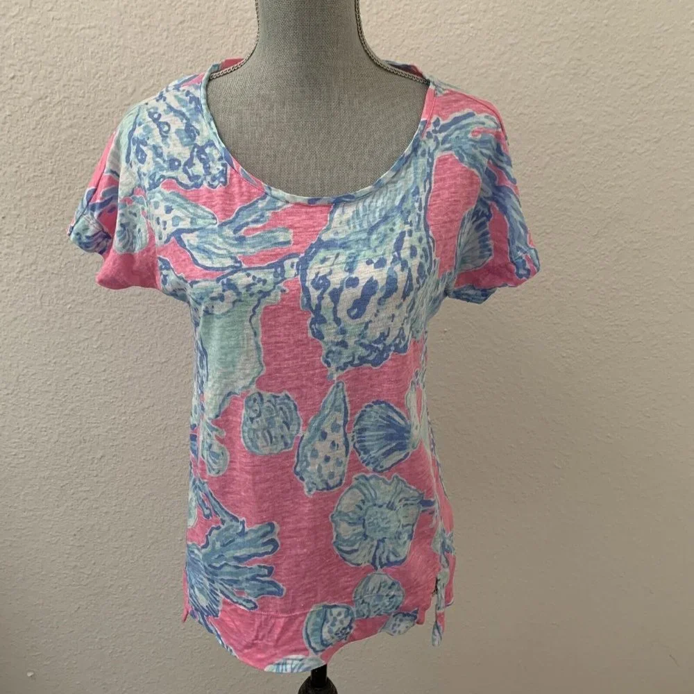 Lilly Pulitzer Mikela Top Pink Pout Barefoot Princess Blue SHELLS 100% Linen XS